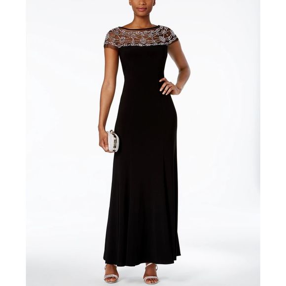 R & M Richards Women's Illusion Beaded Trim A Line Gown Black Size 8